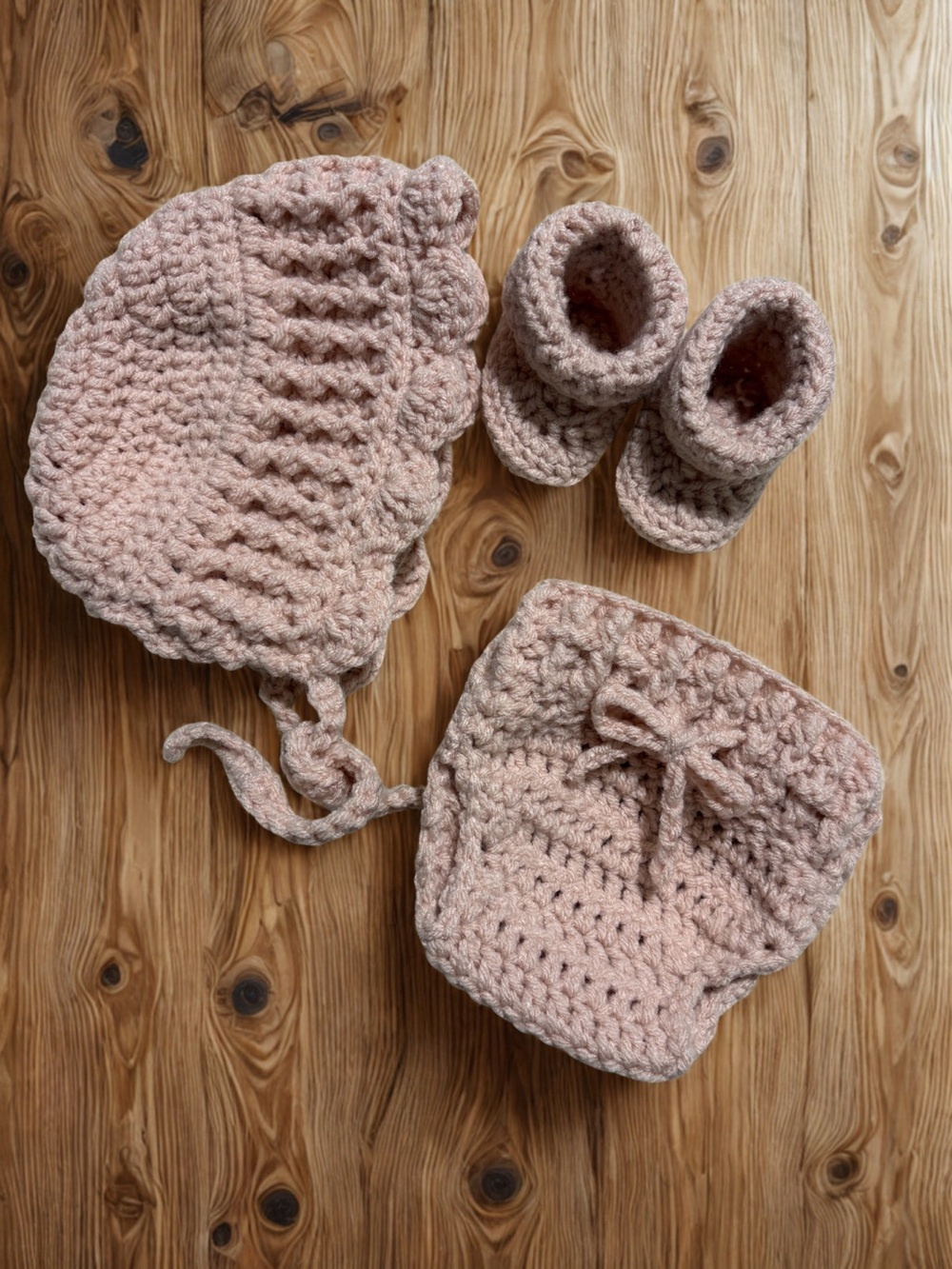 Handmade Pink Crochet Baby Hat, Booties & Diaper Cover Set
